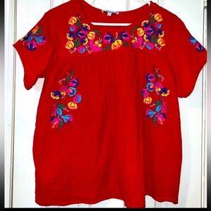 See and Be Seen Embroidered Top Red Colorful Floral Large (but fits like Medium)